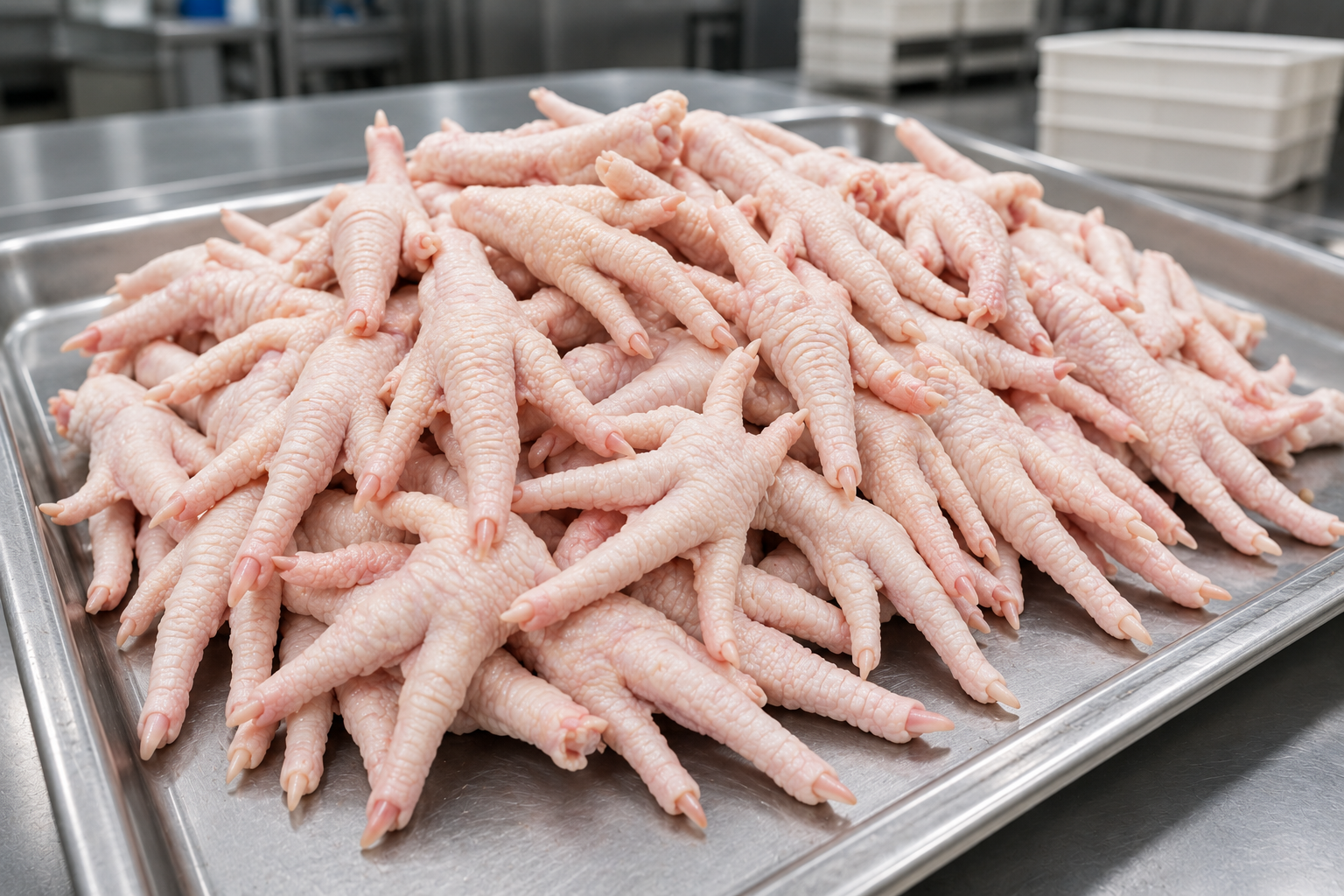 Chicken feet prepared for international distribution
