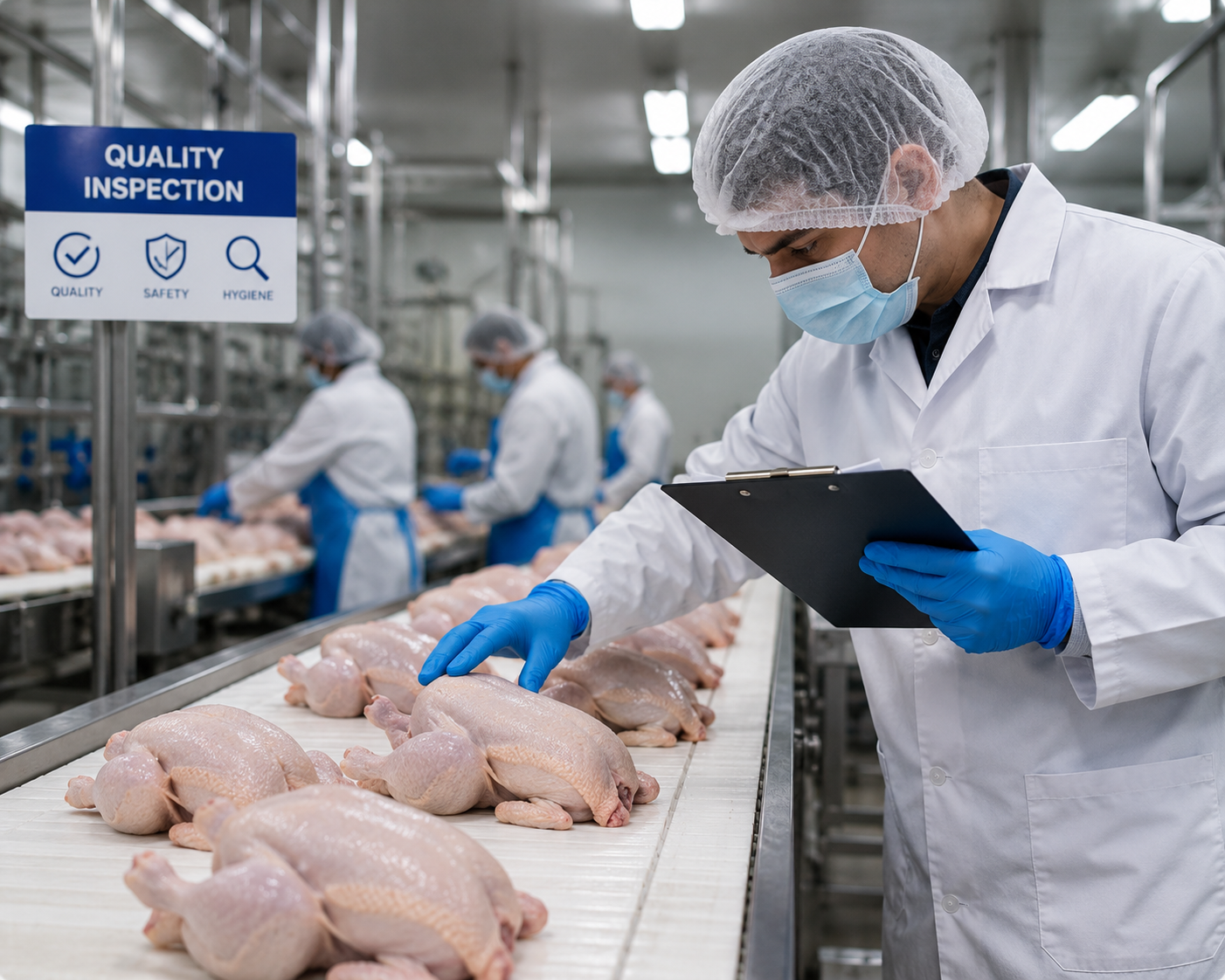 Quality control professionals inspecting poultry production